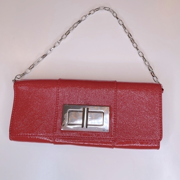 Banana Republic lipstick red glossy clutch with silver chain - Picture 2 of 9